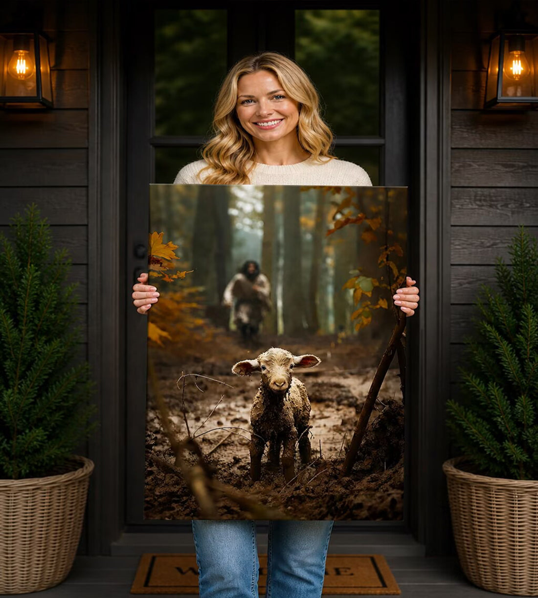 Jesus and Lamb canvas wall prints Christian wall art for Christmas decorations indoor  Jesus Running After Lost Lamb Picture for home decor Baptism gifts for boys-girl sere