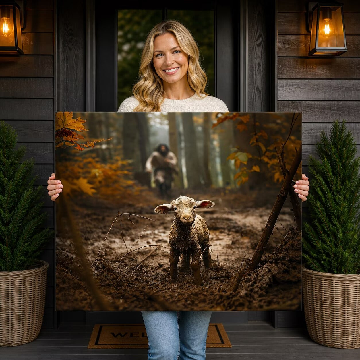 Jesus and Lamb canvas wall prints Christian wall art for Christmas decorations indoor  Jesus Running After Lost Lamb Picture for home decor Baptism gifts for boys-girl sere