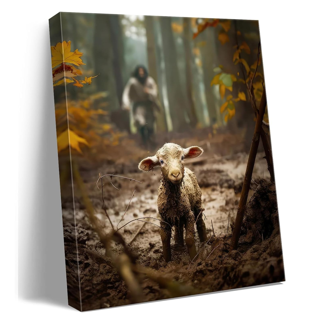 Jesus and Lamb canvas wall prints Christian wall art for Christmas decorations indoor  Jesus Running After Lost Lamb Picture for home decor Baptism gifts for boys-girl sere